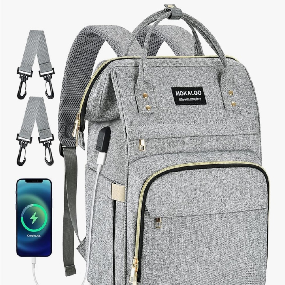 Gray  Diaper bag with USB Charging Port